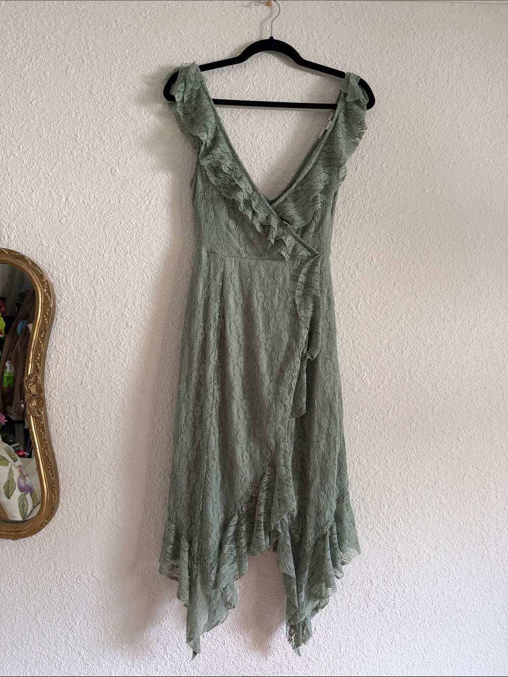 Kimchi Blue Sage Green Lace Asymmetrical Ruffle Wrap Dress